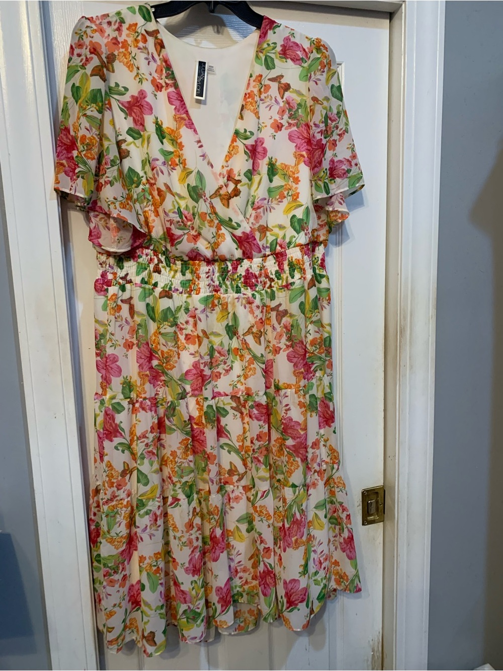 Julian Taylor Cream Floral Tiered Midi Dress with Pink, Green & Orange Accents